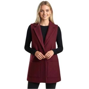TAHARI Womens Wool Blend Burgundy Sleeveless Single Button Long Gilet Vest Small